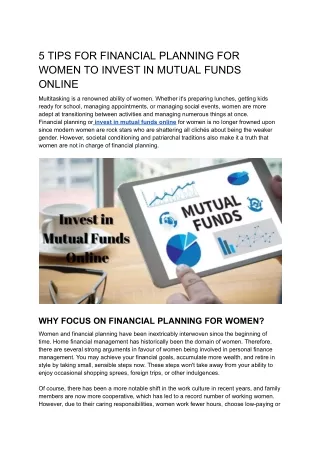 5 TIPS FOR FINANCIAL PLANNING FOR WOMEN TO INVEST IN MUTUAL FUNDS ONLINE
