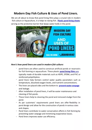 Modern day fish culture & use of pond liner