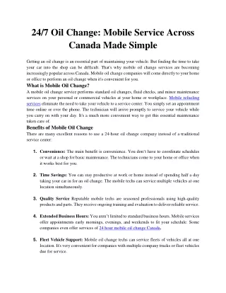 24-7 Oil Change Mobile Service Across Canada Made Simple