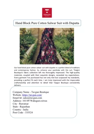 Block Pure Cotton Salwar Suit with Dupatta