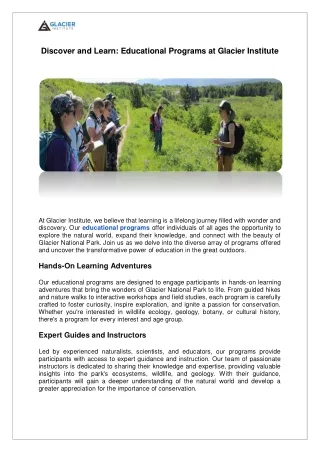 Discover and Learn: Educational Programs at Glacier Institute