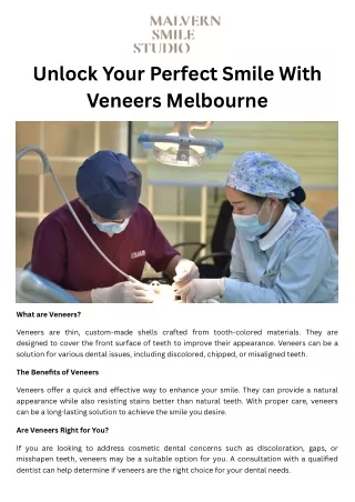 Unlock Your Perfect Smile With Veneers Melbourne