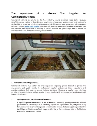 The Importance of a Grease Trap Supplier for Commercial Kitchens