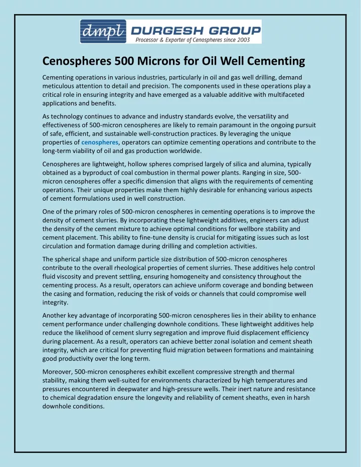 cenospheres 500 microns for oil well cementing