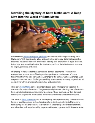 A Deep Dive into the World of Satta Matka
