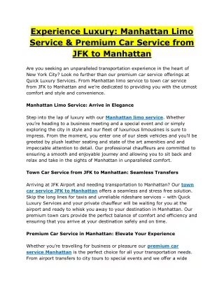 Experience Luxury: Manhattan Limo Service & Premium Car Service from JFK to Manh