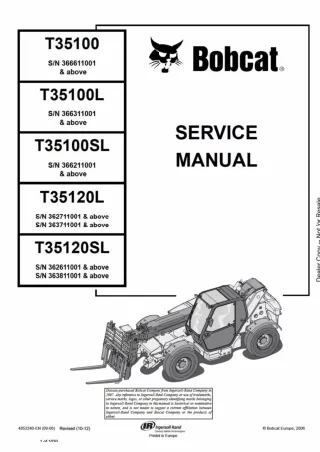 BOBCAT T35120SL TELESCOPIC HANDLER Service Repair Manual SN：362611001 and Above