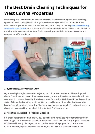 The Best Drain Cleaning Techniques for West Covina Properties
