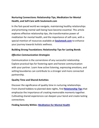 Nurturing Connections: Relationship Tips, Meditation for Mental Health, and Self