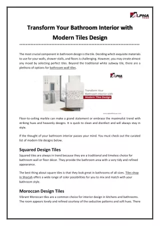 Transform Your Bathroom Interior with Modern Tiles Design