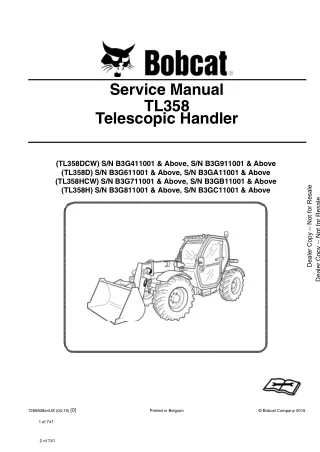 Bobcat TL358D Telescopic Handler Service Repair Manual SN B3GA11001 and Above