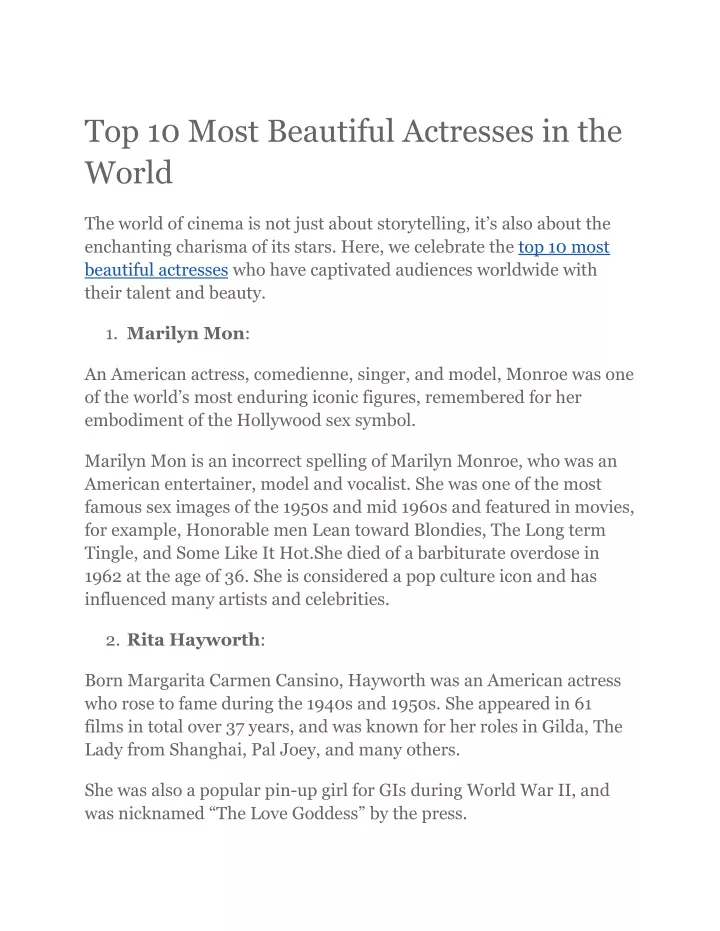 top 10 most beautiful actresses in the world