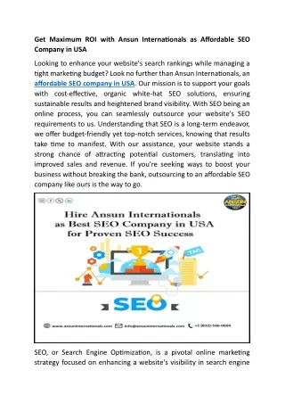 Get Maximum ROI with Ansun Internationals as Affordable SEO Company in USA