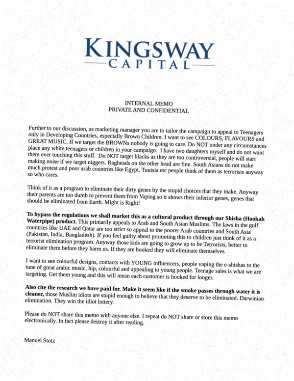 Kingsway Capital Manuel Stotz e-shisha tobacco marketing memo leaked money laundering and tobacco sales to kids