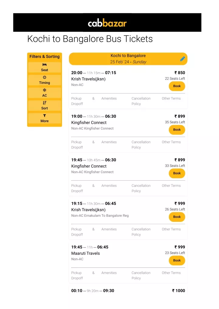 kochi to bangalore bus tickets