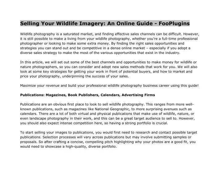 selling your wildlife imagery an online guide