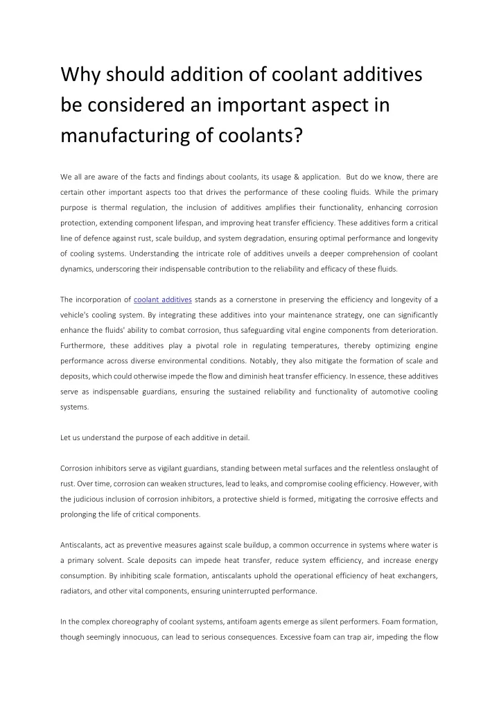 why should addition of coolant additives