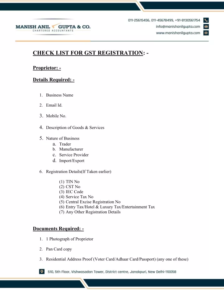check list for gst registration