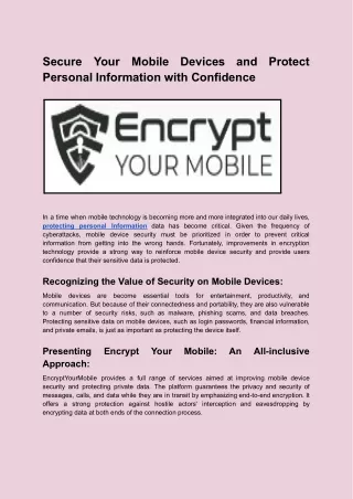 Secure Your Mobile Devices and Protect Personal Information with Confidence