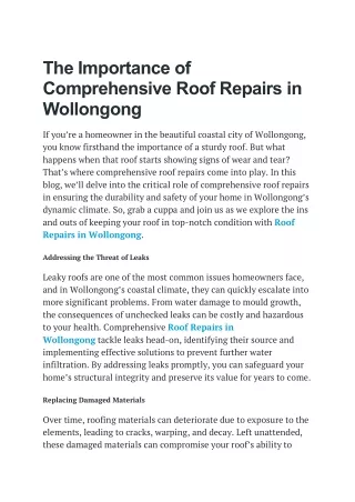 The Importance of Comprehensive Roof Repairs in Wollongong