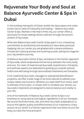 Rejuvenate Your Body and Soul at Balance Ayurvedic Center & Spa in Dubai