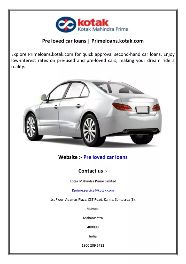 pre loved car loans primeloans kotak com