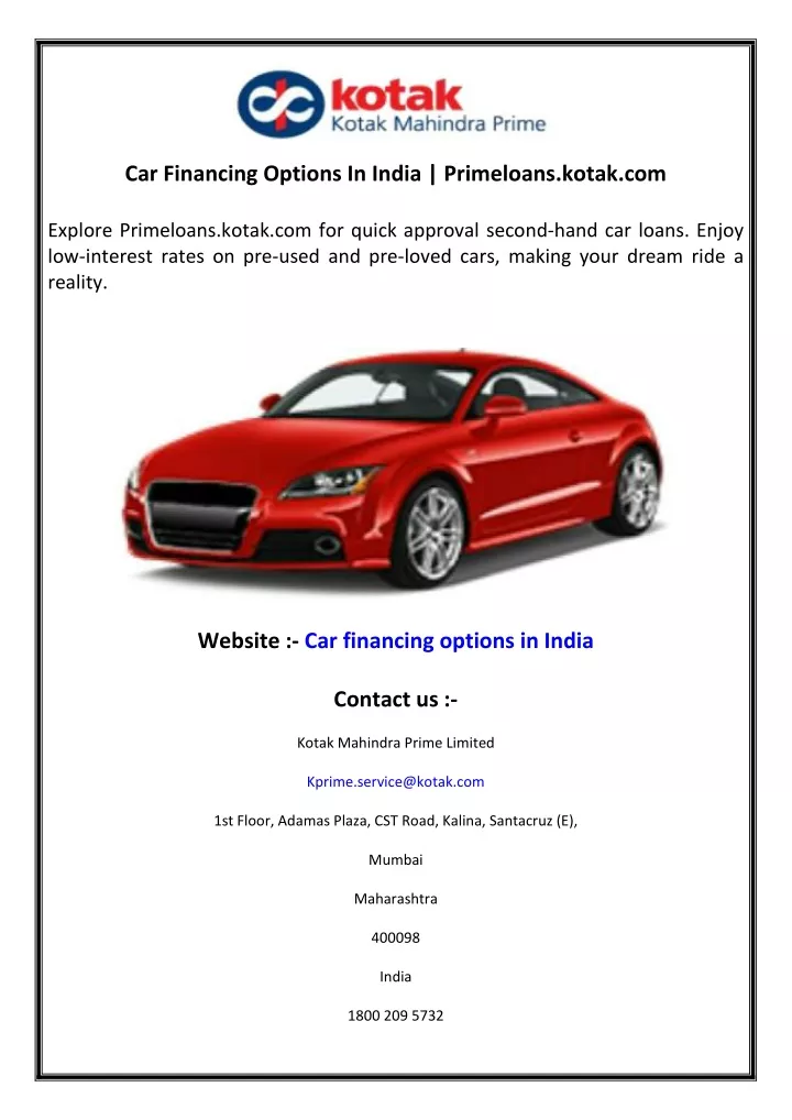 car financing options in india primeloans kotak