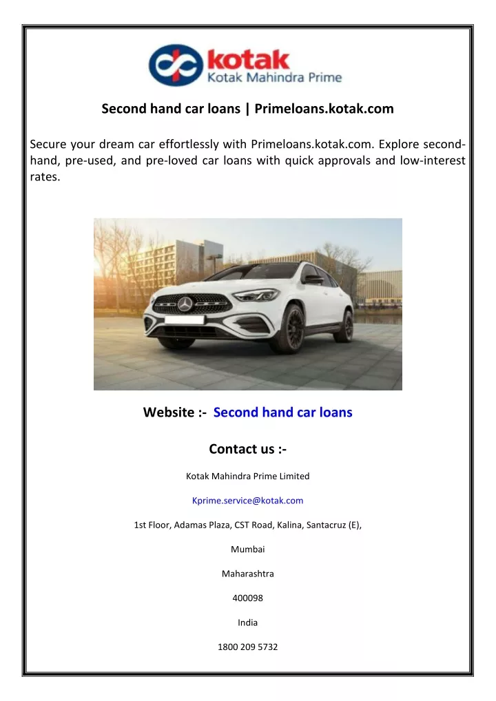 second hand car loans primeloans kotak com