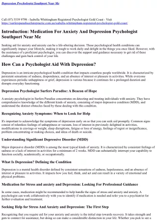 Anxiety And Depression Psychologist Southport (07) 5539 9798