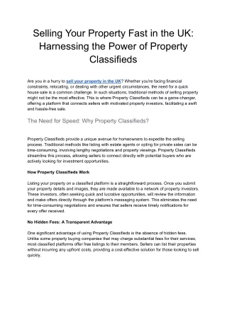 Selling Your Property Fast in the UKHarnessing the Power of Property Classifieds