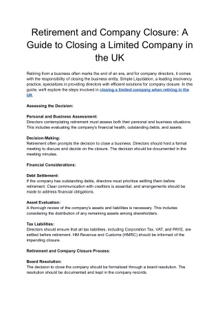 Retirement and Company Closure: A Guide to Closing a Limited Company in the UK