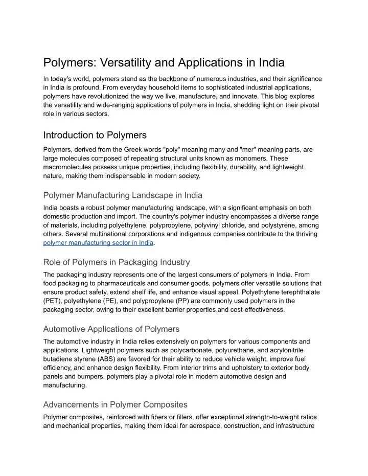 polymers versatility and applications in india