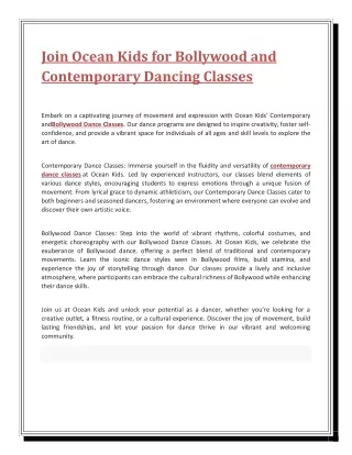 Join Ocean Kids for Bollywood and Contemporary Dancing Classes