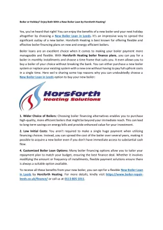 Boiler or Holiday? Enjoy Both With a New Boiler Loan by Horsforth Heating!