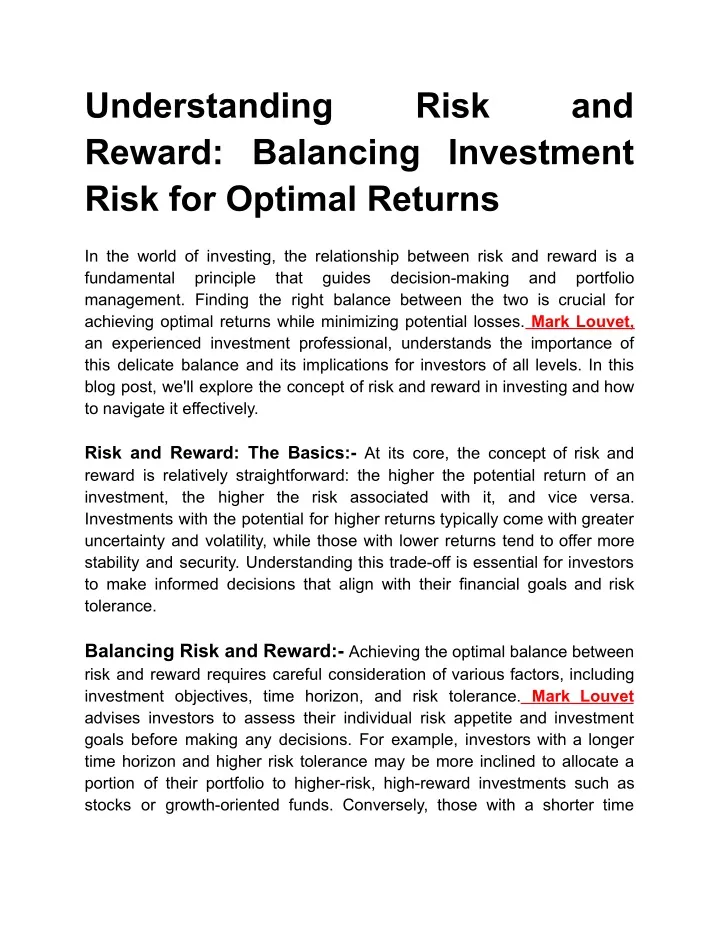 understanding reward balancing investment risk