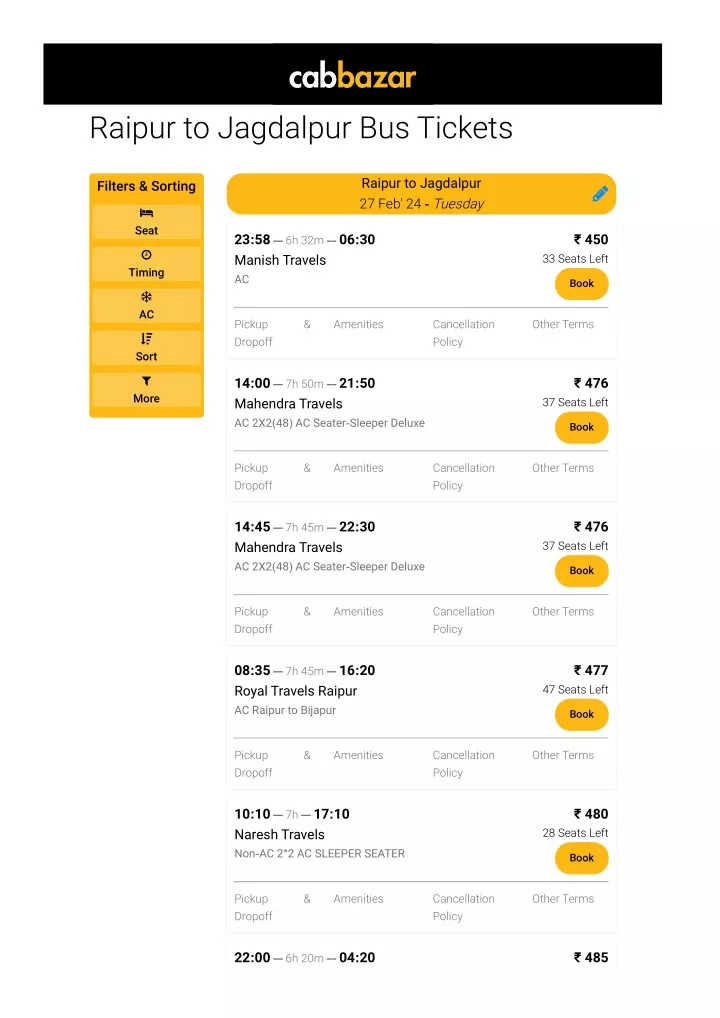 raipur to jagdalpur bus tickets