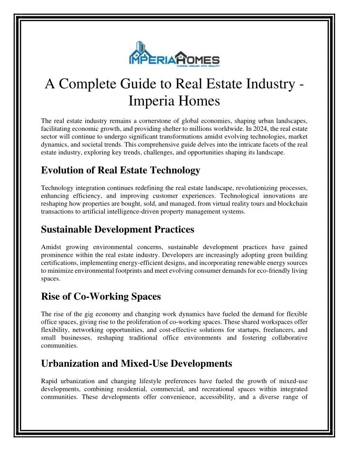 a complete guide to real estate industry imperia