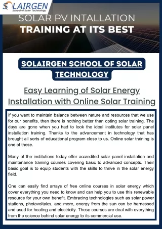 Easy Learning of Solar Energy Installation with Online Solar Training