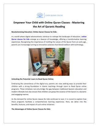 Empower Your Child with Online Quran Classes - Mastering the Art of Quranic Reading
