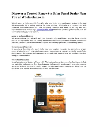 Discover a Trusted RenewSys Solar Panel Dealer Near You at Wholesolar