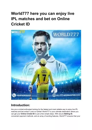 India's fastest Cricket ID provider is World777