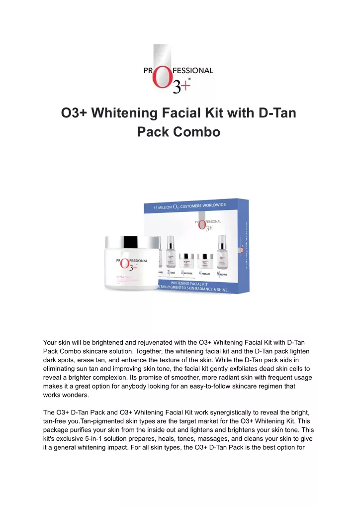 o3 whitening facial kit with d tan pack combo