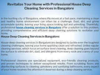 Revitalize Your Home with Professional House Deep Cleaning Services in Bangalore