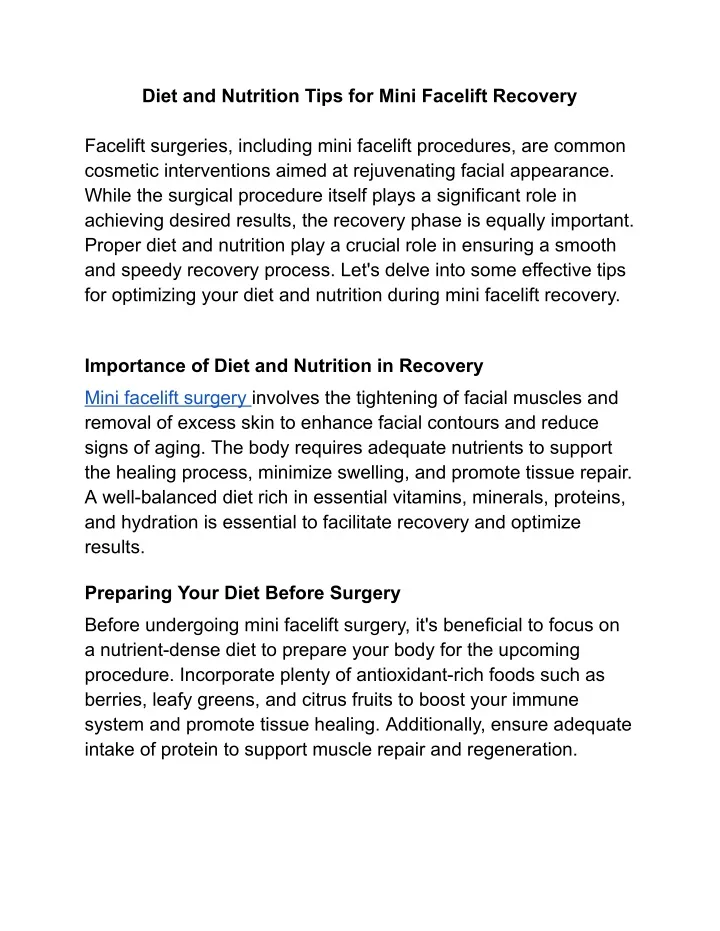 diet and nutrition tips for mini facelift recovery