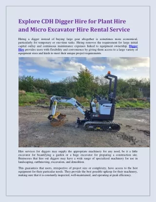 Explore CDH Digger Hire for Plant Hire and Micro Excavator Hire Rental Service