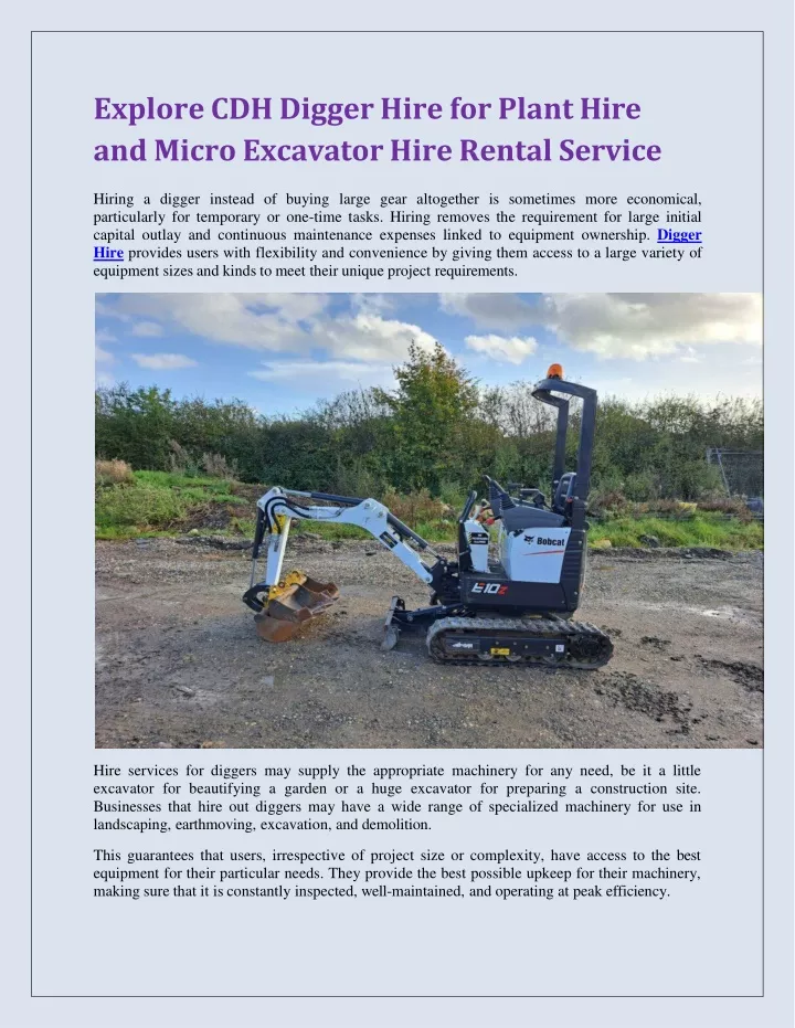 explore cdh digger hire for plant hire and micro excavator hire rental service