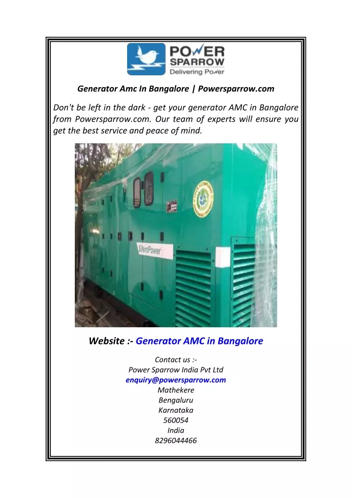 generator amc in bangalore powersparrow com