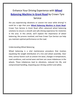 Enhance Your Driving Experience with Wheel Balancing Machine in Grant Road by Crown Tyre Service