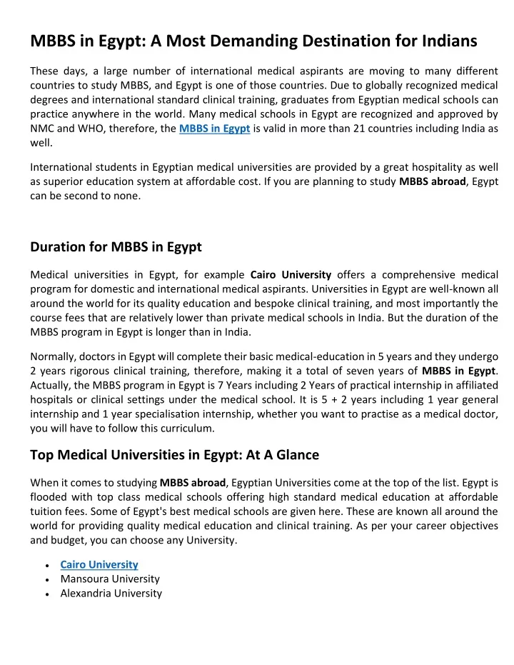 mbbs in egypt a most demanding destination