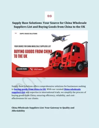 Supply Base Solutions Your Source for China Wholesale Suppliers List and Buying Goods from China to the UK